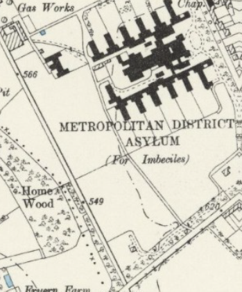 OS map showing asylum buildings showing the text 'metropolitan district asylum for imbeciles' 