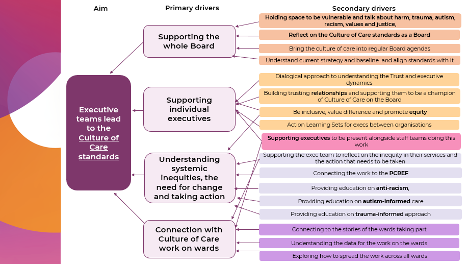 Driver Diagram that shows how an underlying aim is supported by multiple primary drivers, each of which in turn is underpinned by 1-4 different secondary drivers which in turn are connected to a 'change idea'.
