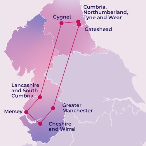 Map of north west England showing the following organisations: Mersey, Lancashire and South Cumbria, Cheshire and Wirral, Greater Manchester, Cygnet, Gateshead and Cumbria, Northumberland, Tyne and Wear