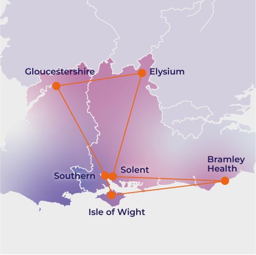 Map of the south of England showing the following organisations: Gloucestershire, Elysium, Southern, Isle of Wight, Solent and Bramley Health. 