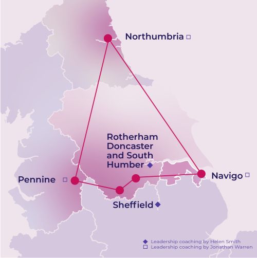 A map of northern England showing the following organisations: Northumbria, Pennine, Rotherham, Doncaster and South Humber, Sheffield and Navigo.