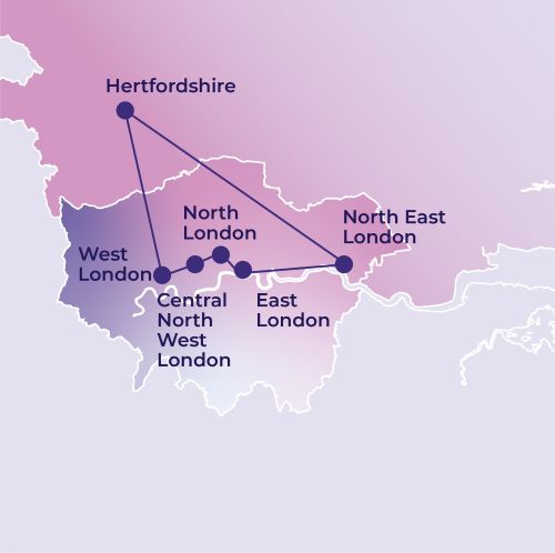 A map of Greater London, England showing the following organisations: Hertfordshire, West London, Central North West London, North London, East London and North East London.