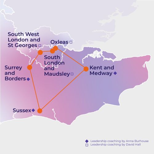 Map of south east England showing the following organisations: South West London and St Georges, Oxleas, South London and Maudsley, Kent and Medway, Surrey and Borders and Sussex.