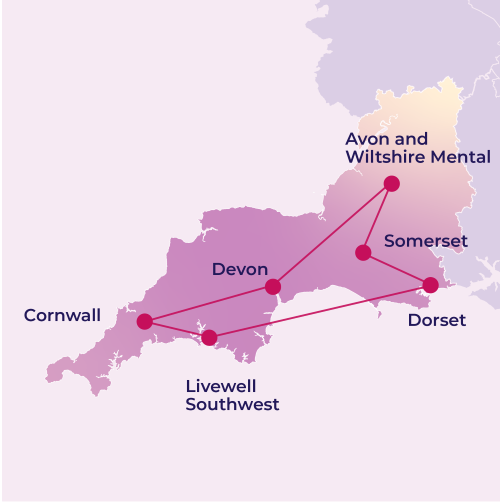 Map of south west of England highlighting the following NHS Trusts: Cornwall, Devon, Dorset, Somerset, Avon and Wiltshire and Livewell Southwest..