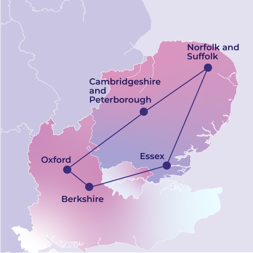 Map of south east of England highlighting the following NHS Trusts: Berkshire, Essex, Cambridge and Peterborough, Oxford and Norfolk and Suffolk.