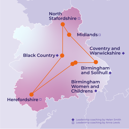 Map of middle of England highlighting the following NHS Trusts: Birmingham Women and Childrens, Birmingham and Solihull, Black Country, Coventry and Warwickshire, Midlands, North Stafordshire, Herefordshire.