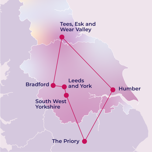 Map of Yorkshire in England highlighting the following NHS Trusts: Bradford, Humber, Leeds and York, Tees, Esk and Wear Valley, South West Yorkshire and The Priory.