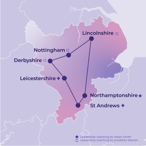 Map of the East Midlands of England highlighting the following NHS Trusts: Derbyshire, Nottingham, Leicestershire, Lincolnshire and St Andrews.