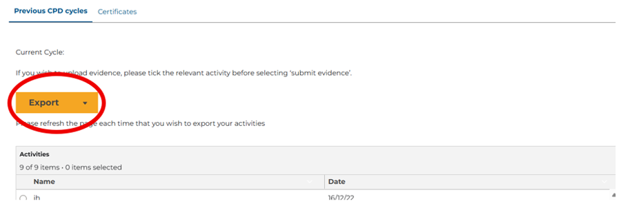 CPD Submissions export activities and reflections