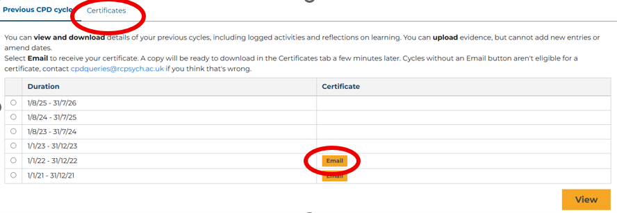 CPD Submissions platform access previous certificates