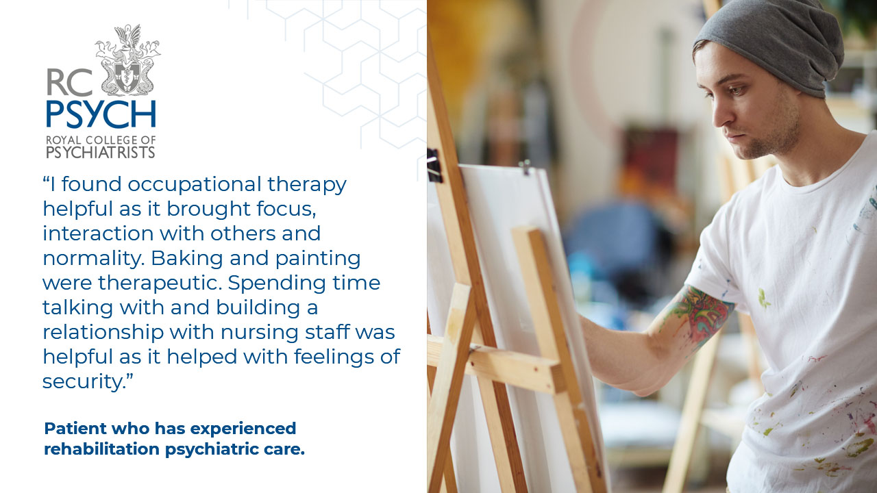 A young man undertaking rehabilitation paints as part of his therapy