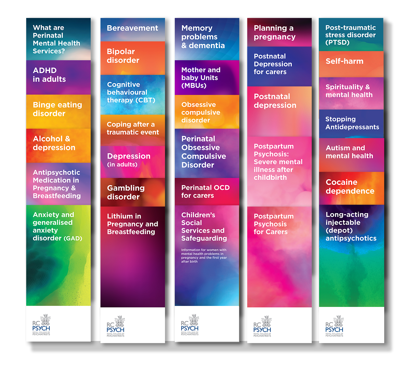 Front covers of variety of mental health leaflets