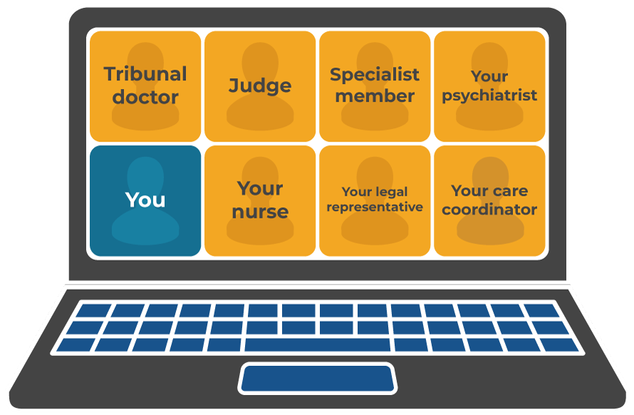 An image of a laptop, showing the people present at the Mental Health Tribunal on the screen in two rows.