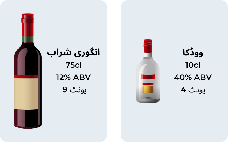 Diagram showing the alcohol percentage in wine and vodka in Urdu