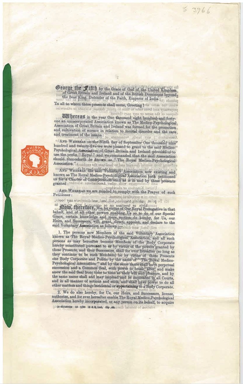 Colour image of a document with a densely printed block of text. There is a green ribbon binding it on the left and a orange stamp that says thirty pounds.