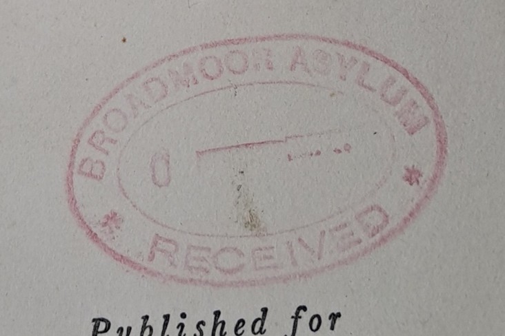 Close up of a book stamp that reads: Broadmoor Asylum Received