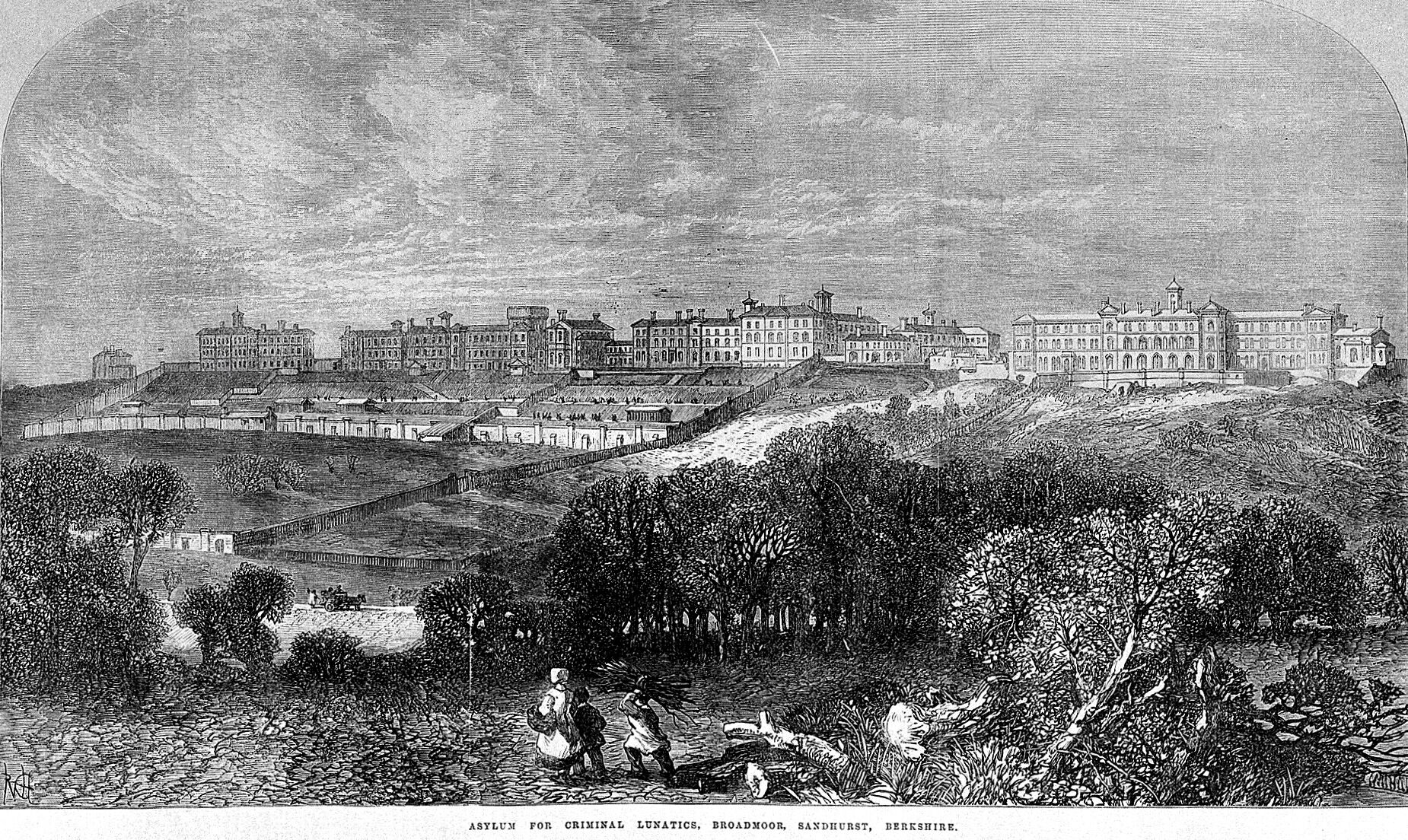 Black and white engraving with countryside and people in the foreground and Broadmoor in the background. It sprawls across a hillside with many separate four story wings and is surrounded by many layers of walls.