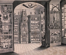 Back and off white engraving of a room lined with shelves on which various objects sit such as guns and statues