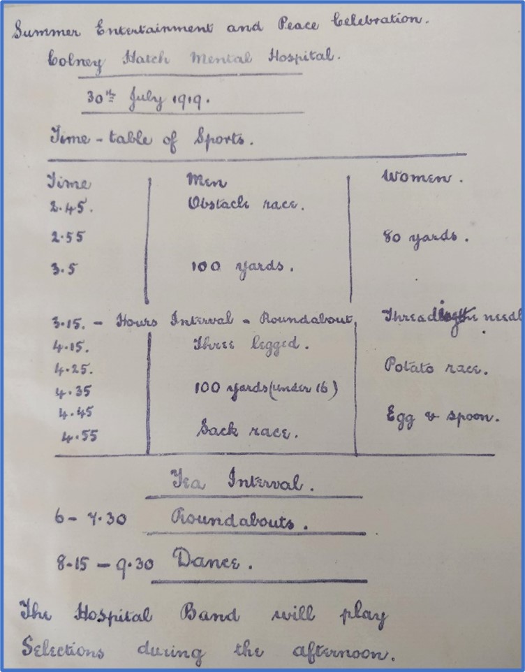 Handwritten running order for a day of celebrations