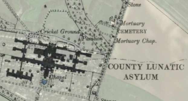 old OS map showing building complex in black labelled as County Lunatic Asylum, nest to it is an area labelled as Cricket Ground