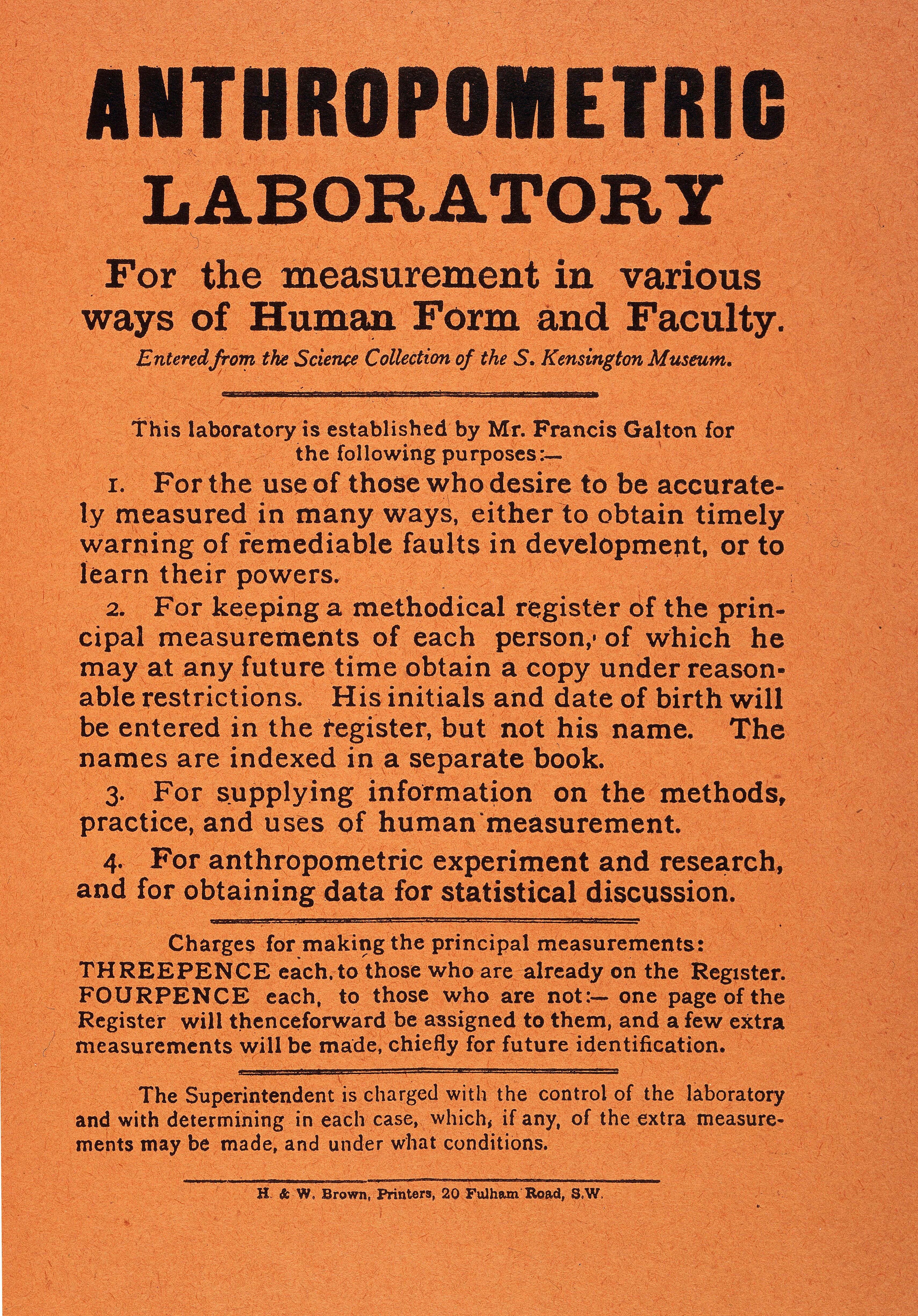 Orange poster with black text, all text, about the Anthropometric Laboratory where people could come to measure their physical and mental attributes.