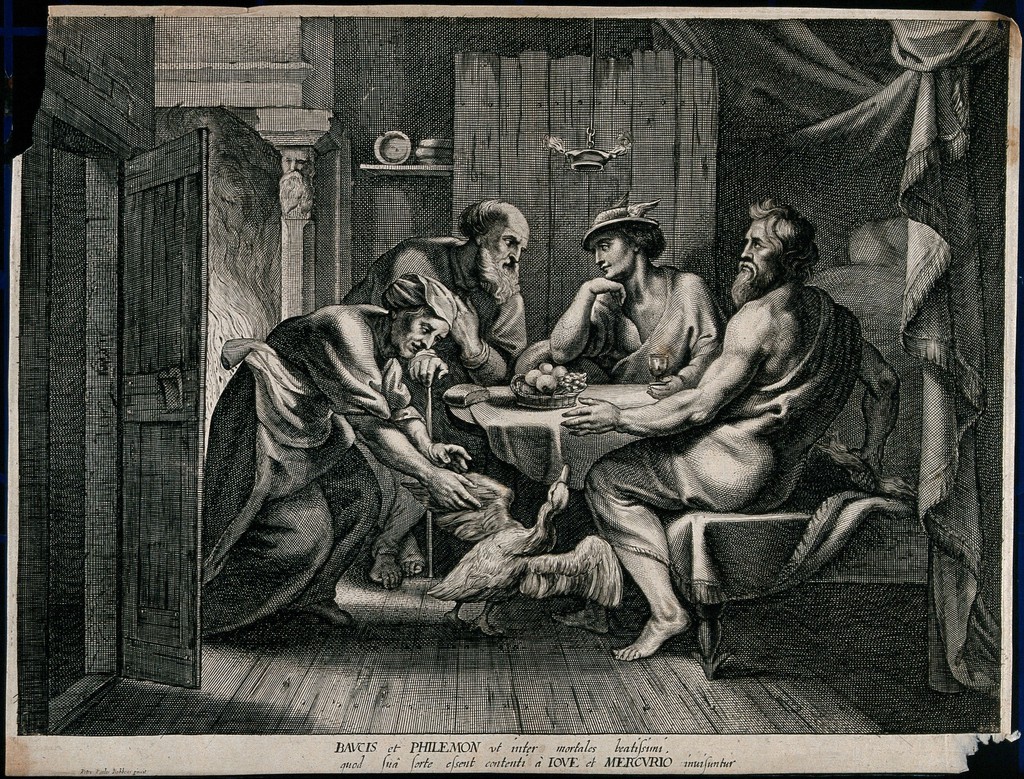 Engraving of four people sitting around a table. One is chasing a goose.