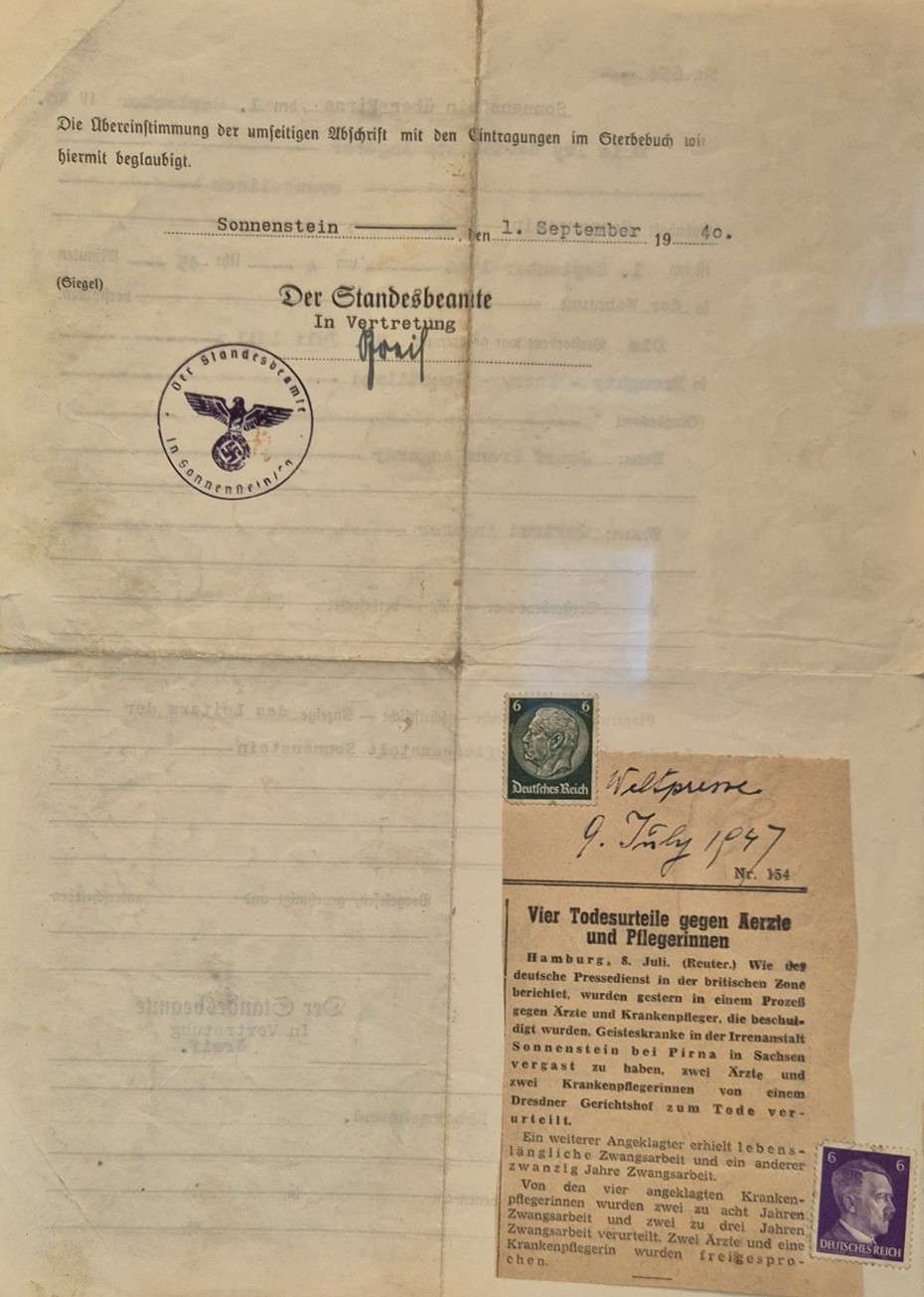 Scan of a death certificate showing place and date of death and signature. There is a Nazi stamp and a press cutting dated 1947 affixed to one quarter with two postal stamps, one showing Hitler.