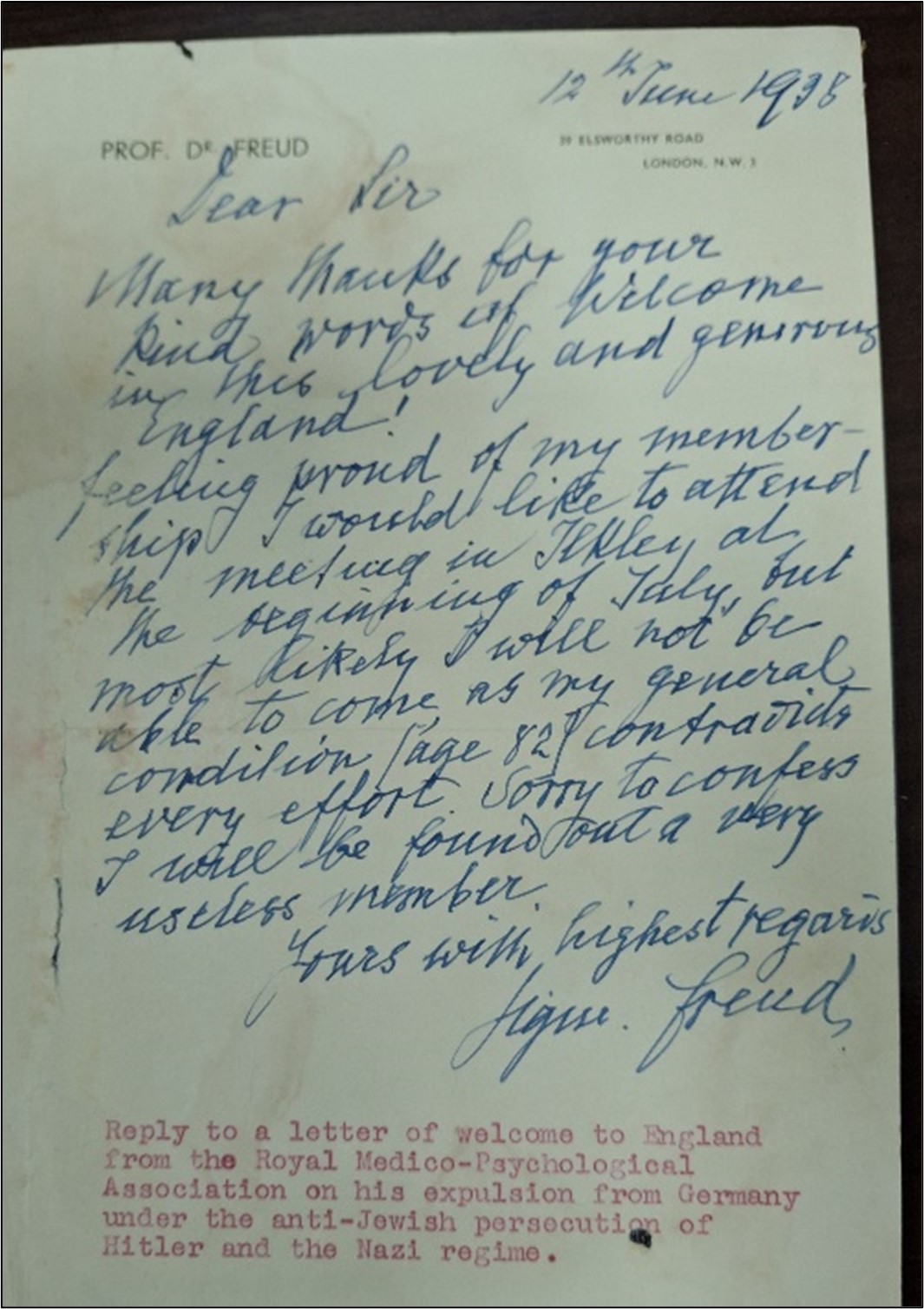 Letter written by Freud to the RMPA after they welcomed him to England following his expulsion from Nazi Germany.