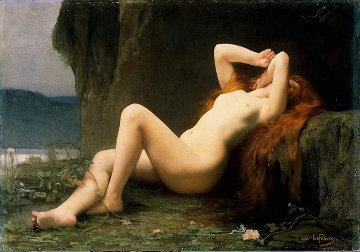 Painting of a naked red headed women reclining against a rock by a lake.
