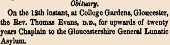 Very small printed obituary for the Rev, Thomas Evans.