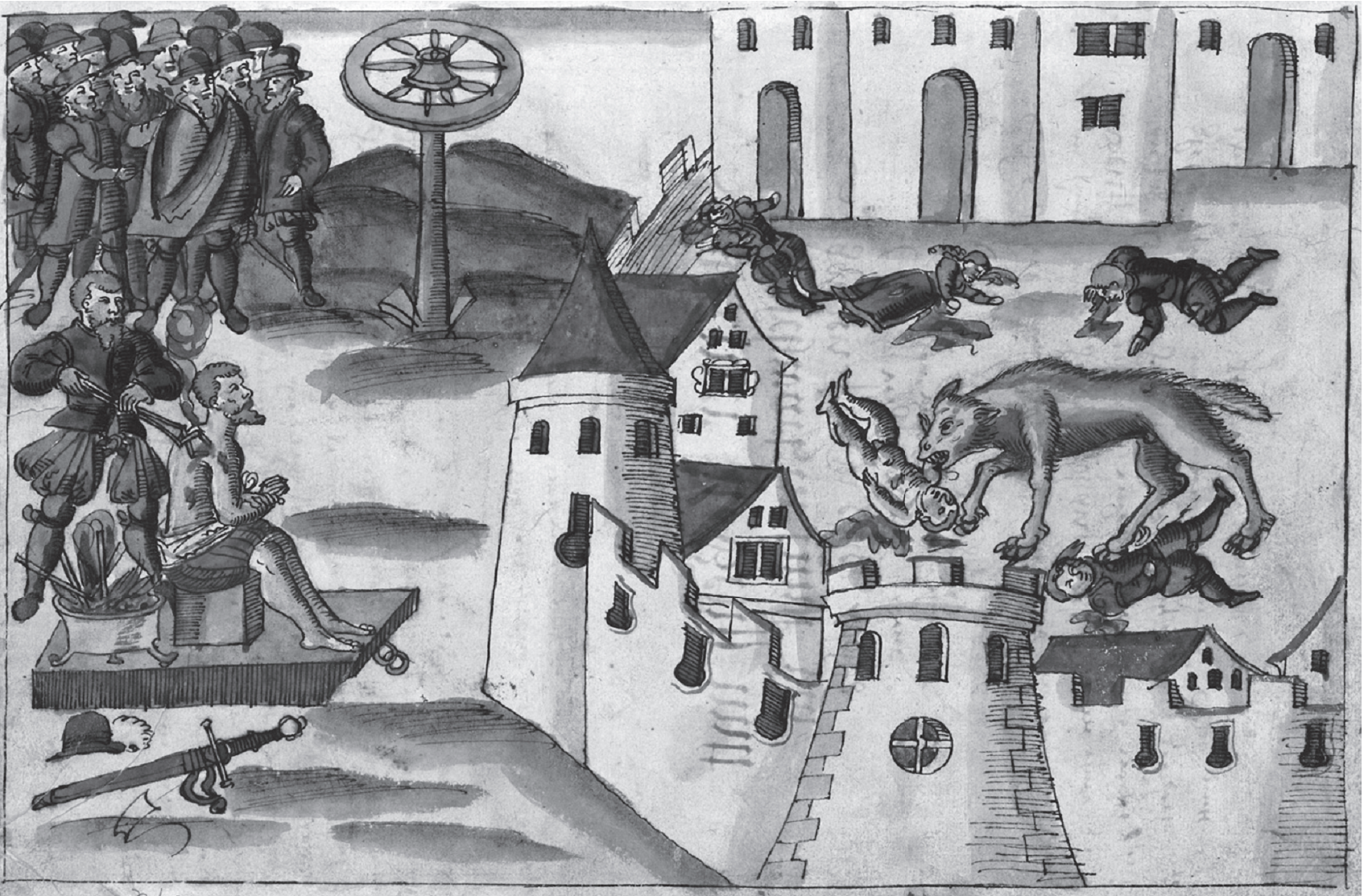 Black and white painting. On the left a man being tortured and a crowd of onlookers, on the right a wolf in a castle eating people and children. 