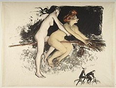 Two naked women on a broomstick, one with red hair. Below is a picture of two people on a tandem bicycle.  