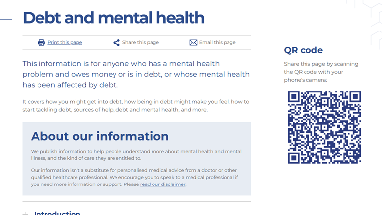 Example of a QR code on our mental health pages