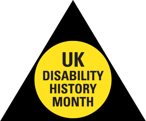 Logo showing yellow circle with black UK Disability History Month text set inside a black triangle